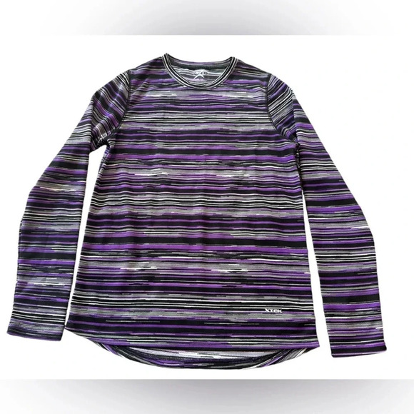 XTek Girls Long Sleeve Base Layer Top Purple Striped Performance Tee Size Medium - Picture 1 of 6